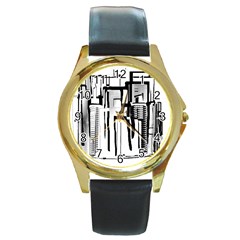 Black And White City Round Gold Metal Watch by digitaldivadesigns