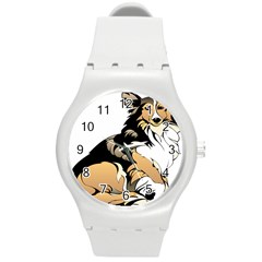 Dog Sitting Pet Collie Animal Round Plastic Sport Watch (m) by Sapixe