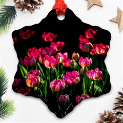 Pink Tulips Dark Background Snowflake Ornament (two Sides) by FunnyCow