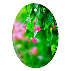 Green Birch Leaves, Pink Flowers Oval Ornament (two Sides) by FunnyCow