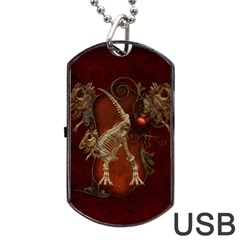 Awesome T Rex Skeleton, Vintage Background Dog Tag Usb Flash (two Sides) by FantasyWorld7