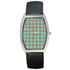 Aqua Orange Plaid Barrel Style Metal Watch by snowwhitegirl