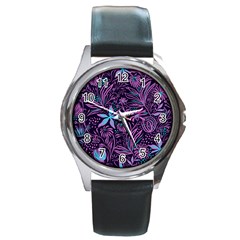 Stamping Pattern Leaves Drawing Round Metal Watch by Sapixe