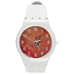 Cute Fairy Dancing On A Piano Round Plastic Sport Watch (m) by FantasyWorld7