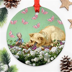 Cat And Butterflies Green Ornament (round) by snowwhitegirl