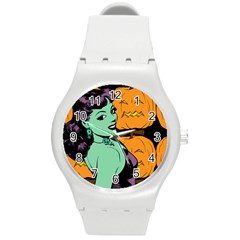 Zombie Retro Girl Black Round Plastic Sport Watch (m) by snowwhitegirl