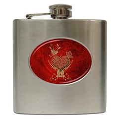 Wonderful Decorative Heart In Gold And Red Hip Flask (6 Oz) by FantasyWorld7