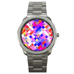 Squares Pattern Geometric Seamless Sport Metal Watch by Sapixe