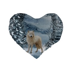 Wonderful Arctic Wolf In The Winter Landscape Standard 16  Premium Flano Heart Shape Cushions by FantasyWorld7