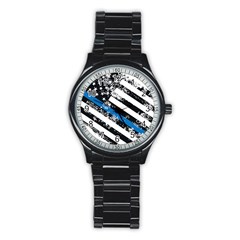 Usa Flag The Thin Blue Line I Back The Blue Usa Flag Grunge On White Background Stainless Steel Round Watch by snek