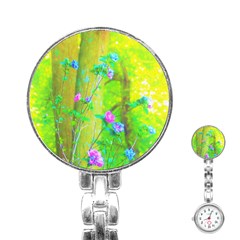 Hot Pink Abstract Rose Of Sharon On Bright Yellow Stainless Steel Nurses Watch by myrubiogarden