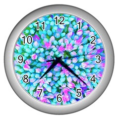 Blue And Hot Pink Succulent Sedum Flowers Detail Wall Clock (silver) by myrubiogarden