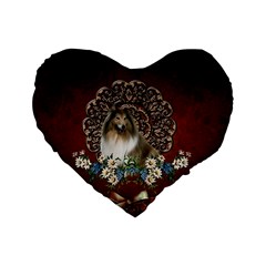 Cute Collie With Flowers On Vintage Background Standard 16  Premium Heart Shape Cushions by FantasyWorld7