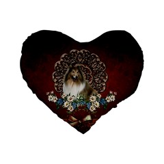 Cute Collie With Flowers On Vintage Background Standard 16  Premium Flano Heart Shape Cushions by FantasyWorld7