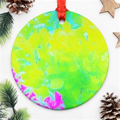 Fluorescent Yellow And Pink Abstract Garden Foliage Ornament (round) by myrubiogarden