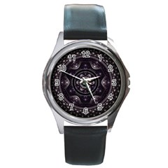 Fractal Mandala Circles Purple Round Metal Watch by Wegoenart