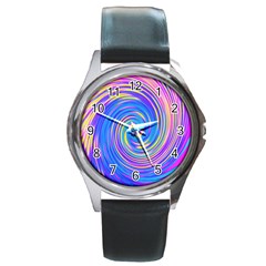 Cool Abstract Pink Blue And Yellow Twirl Liquid Art Round Metal Watch by myrubiogarden