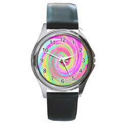 Groovy Abstract Pink And Blue Liquid Swirl Painting Round Metal Watch by myrubiogarden