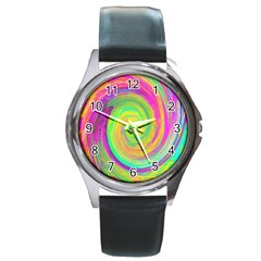 Groovy Abstract Purple And Yellow Liquid Swirl Round Metal Watch by myrubiogarden