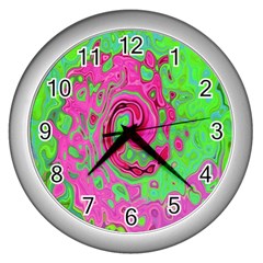 Groovy Abstract Green And Red Lava Liquid Swirl Wall Clock (silver) by myrubiogarden