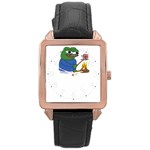 Apu Apustaja roasting a snail on a campfire Pepe the frog Rose Gold Leather Watch  Front