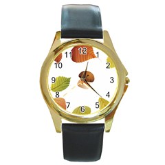 Leaves Mushrooms Round Gold Metal Watch by Mariart