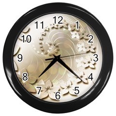 Flora Flowers Background Leaf Wall Clock (black) by Mariart