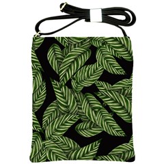 Tropical Leaves On Black Shoulder Sling Bag by snowwhitegirl