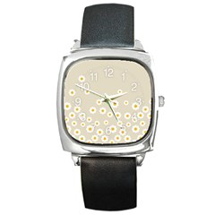 White Daisies Flower Pattern On Vintage Pastel Beige Background Retro Style Square Metal Watch by genx