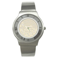 White Daisies Flower Pattern On Vintage Pastel Beige Background Retro Style Stainless Steel Watch by genx