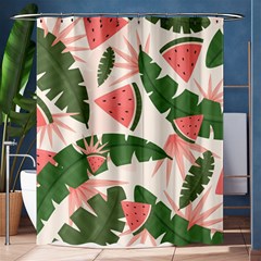 Tropical Watermelon Leaves Pink And Green Jungle Leaves Retro Hawaiian Style Shower Curtain 60  X 72  (medium)  by genx