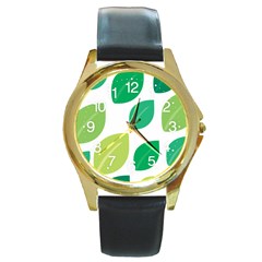 Leaves Green Modern Pattern Naive Retro Leaf Organic Round Gold Metal Watch by genx