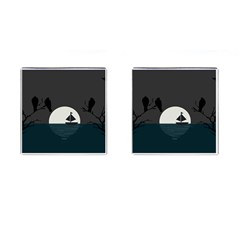 Birds Moon Moonlight Tree Animal Cufflinks (square)