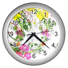 Flowers Floral Wall Clock (silver) by HermanTelo