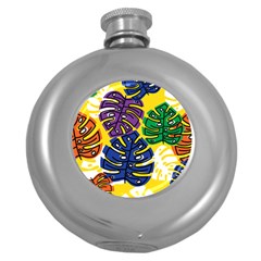 Pattern Leaves Grey Round Hip Flask (5 Oz) by HermanTelo