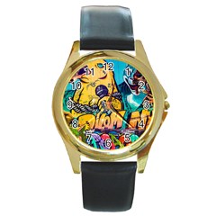 Graffiti Street Art Mountains Wall Round Gold Metal Watch by Simbadda