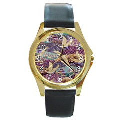 Textile Fabric Cloth Pattern Round Gold Metal Watch by Wegoenart