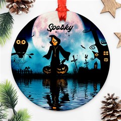 Funny Halloween Design With Skeleton, Pumpkin And Owl Ornament (round) by FantasyWorld7