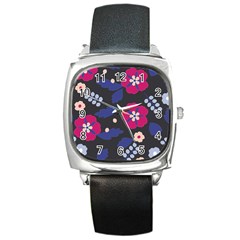 Vector Seamless Flower And Leaves Pattern Square Metal Watch by Sobalvarro