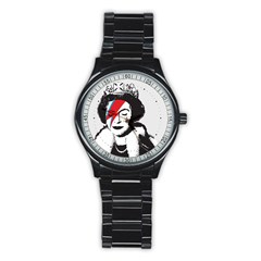 Banksy Graffiti Uk England God Save The Queen Elisabeth With David Bowie Rockband Face Makeup Ziggy Stardust Stainless Steel Round Watch by snek