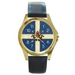 Quebec Flag Drapeau Québec Patriote Carillon Sacré-coeur Christian Catholic Old Vintage With Fleurs De Lys Round Gold Metal Watch by Quebec