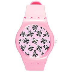 French France Fleur De Lys Metal Pattern Black And White Antique Vintage Pink And Black Rocker Round Plastic Sport Watch (m) by Quebec