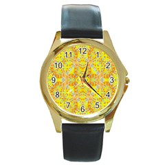 Vivid Warm Ornate Pattern Round Gold Metal Watch by dflcprintsclothing