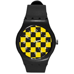 Checkerboard Pattern Black And Yellow Ancap Libertarian Round Plastic Sport Watch (m) by snek