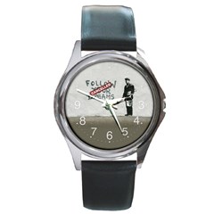 Banksy Graffiti Original Quote Follow Your Dreams Cancelled Cynical With Painter Round Metal Watch by snek