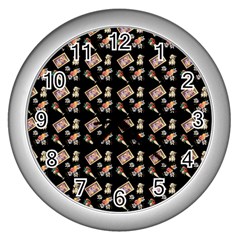 Robin Art Black Pattern Wall Clock (silver) by snowwhitegirl