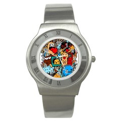 Abstract Grunge Urban Pattern With Monster Character Super Drawing Graffiti Style Stainless Steel Watch by Nexatart