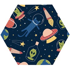 Seamless Pattern With Funny Aliens Cat Galaxy Wooden Puzzle Hexagon by Vaneshart