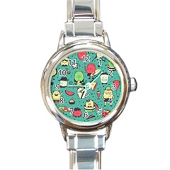 Seamless Pattern With Funny Monsters Cartoon Hand Drawn Characters Unusual Creatures Round Italian Charm Watch by Vaneshart