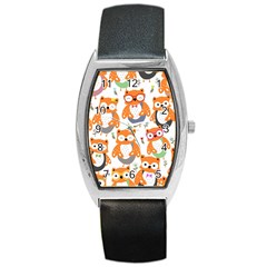 Cute Colorful Owl Cartoon Seamless Pattern Barrel Style Metal Watch